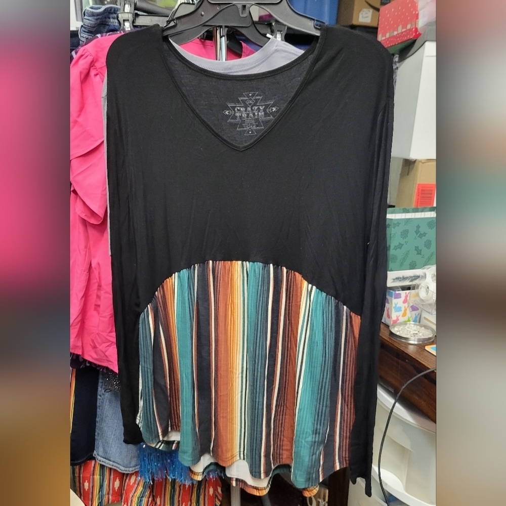 Crazy Train 2XL Black Multicolor Striped Long Sleeve Top Western Serape